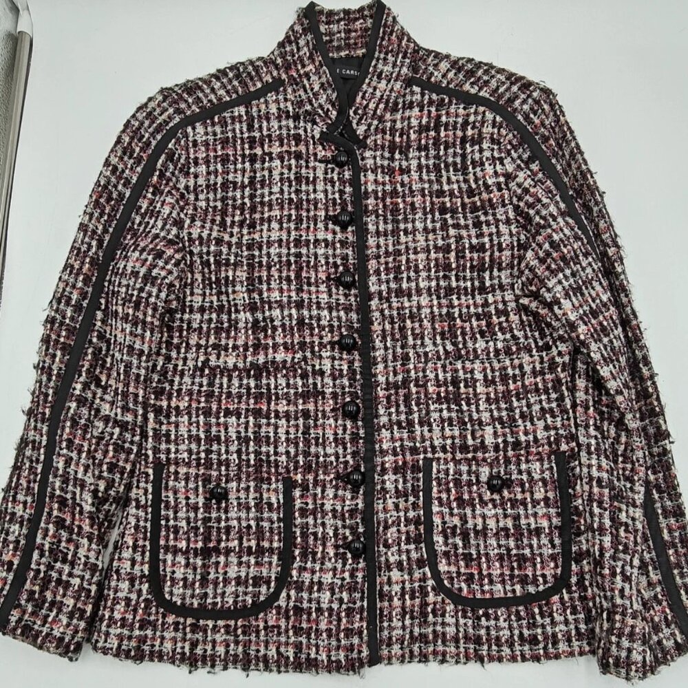 Anne Carson Size S Multicolor Tweed Plaid Blazer 3D Floral Accent Silk Blend VTG - Picture 2 of 6